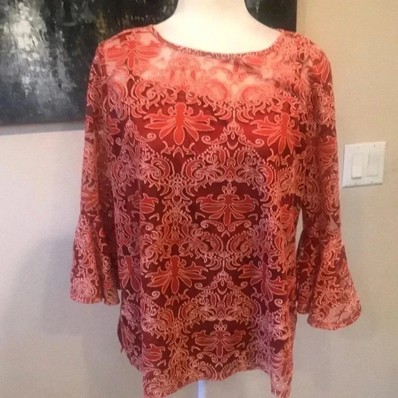 NY Collection Abstract Floral Sheer 3/4 Sleeves Blouse-Size L - Picture 1 of 11
